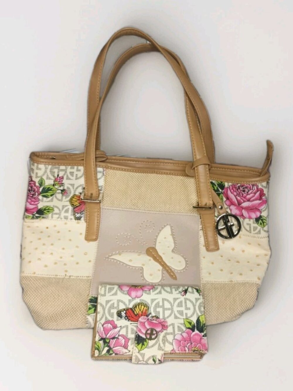 Giani Bernini Floral Butterfly Tote Bag Matching Wallet Set Beige Pink Rose Tan